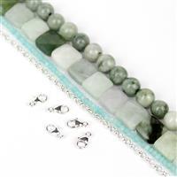 Twisted Collection; Gradient Of Green Type A Burmese Multi-Colour Jadeite 6mm Rounds, Squares, Chain & Clasps