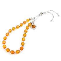 Baltic Amber Cognac 5mm Faceted Rounds, 925 Sterling Silver Slider Bracelet with 8mm Disc
