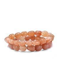 180ct Peach Moonstone Set of 2 Tumble Bead Elastic Bracelet