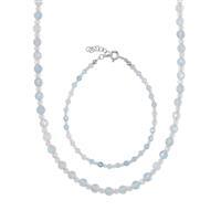 Aquamarine & White Topaz Sterling Silver Set of Bead Bracelet & Necklace ATGW 33.47cts