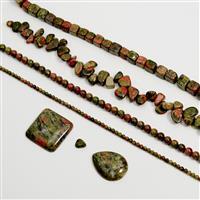 1300cts Unakite Assorted Shapes & Sizes, 38cm Loose Strands & Cabs (Set of 6)
