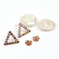 Rose Gold Pltd 925 Sterling Silver Triangle Earrings With Multi Coloured CZ & Keshi Pearls